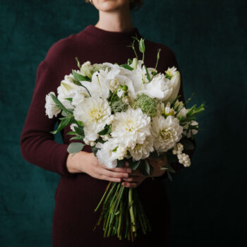white flowers and foliage bouquet made with fresh seasonal flowers