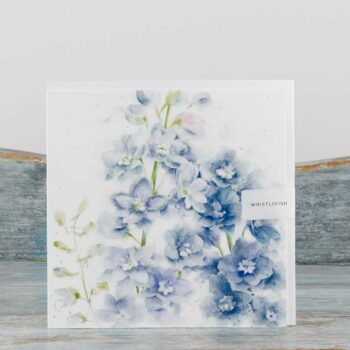 large greeting card with white envelope made by whistlefish cover depicts powder blue delphinium flowers in watercolour