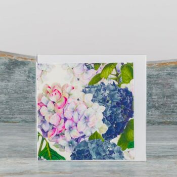 small greeting card with white envelope white card with pink and blue hydrangea printed on front blank inside