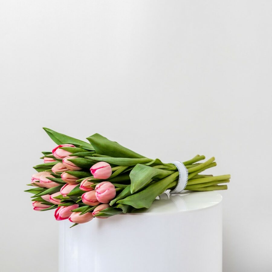 a bouquet of pink long stem semi open pink tulips