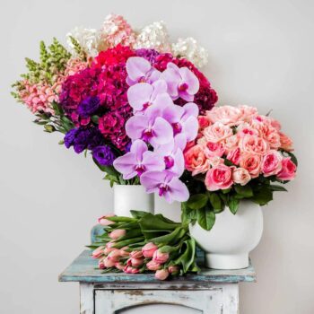 a collection of pink and purple flowers arranged in two vases clusters of pink roses arranged in a round vase and clusters of long tall pink snapdragons, purple lisianthus red hydrgangea and pink paniculata hydrangea inbetween a bouquet of pink semi open tulips creating a display of flowers in pretty pink tones