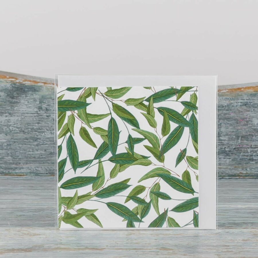 small greeting card with white envelope white card with small green eucalyptus leaves printed on front blank inside
