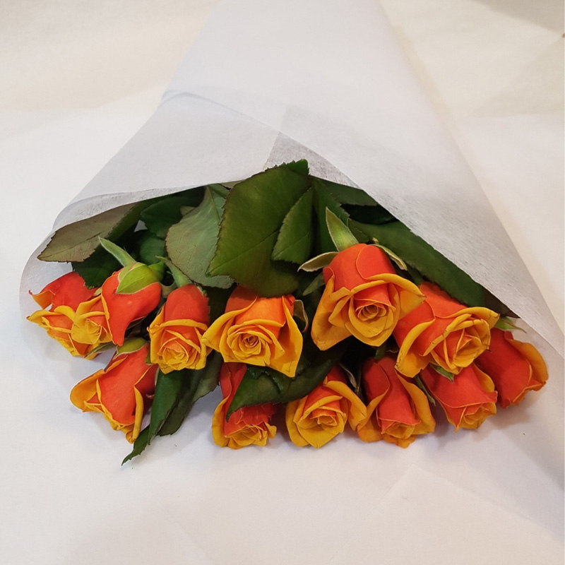 bunch of orange roses gift wrapped with white paper