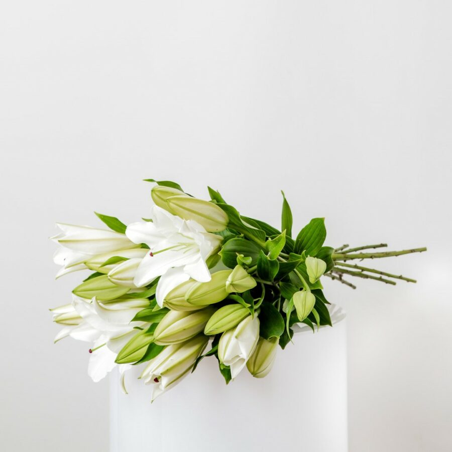 a bouquet of white long stem perfumed semi open oriental liliums