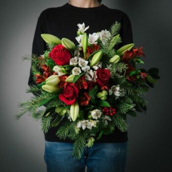 christmas bouquet of red and white flowers and berries with spruce medium size